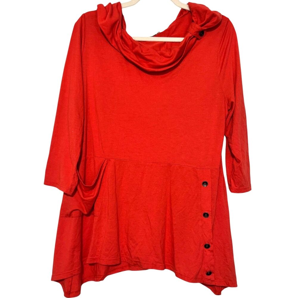 Chalet et Ceci Rust Orange Cowl Neck Tunic Bamboo Asymmetric Hem Artsy Size M